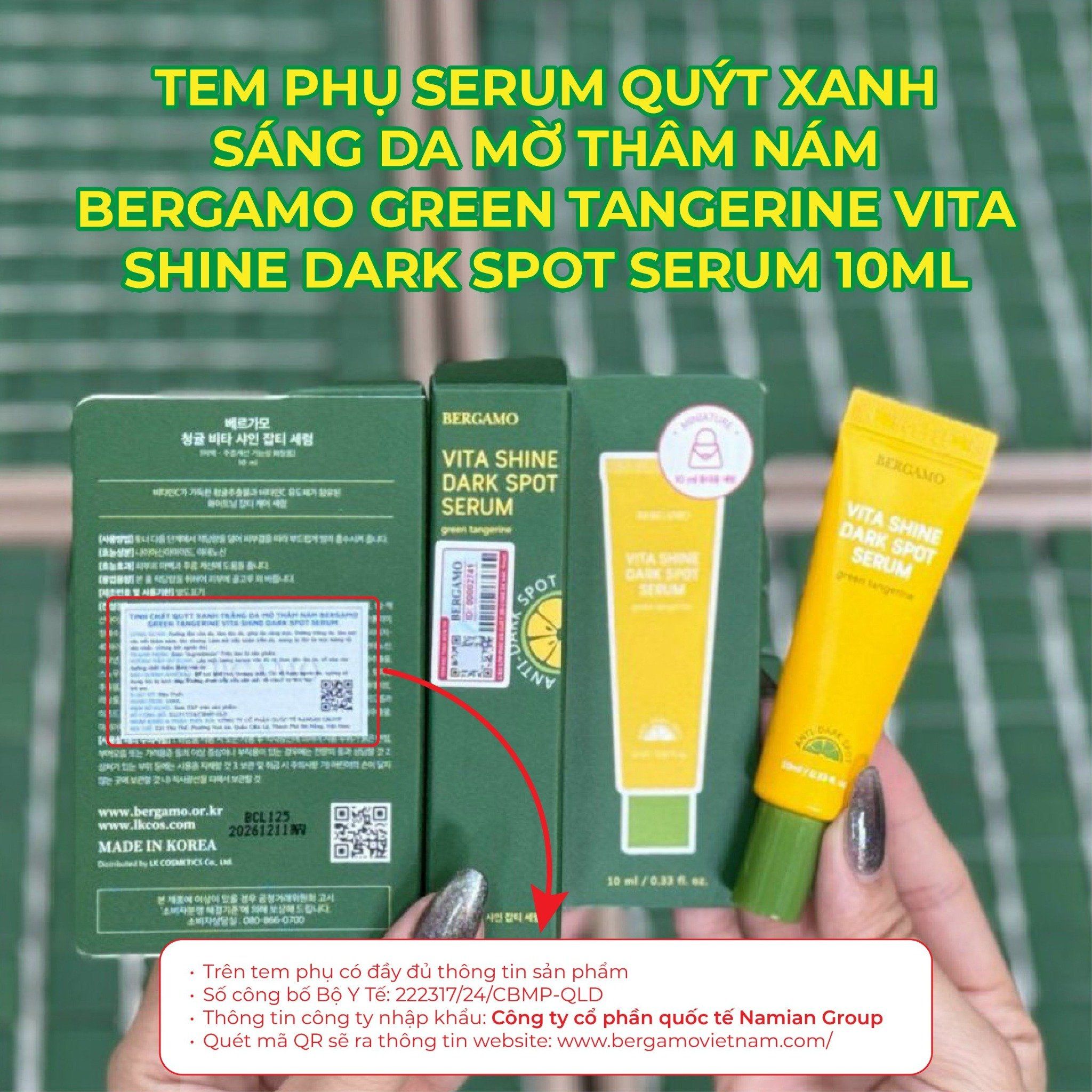 SERUM QUÝT XANH SÁNG DA MỜ THÂM NÁM BERGAMO GREEN TANGERINE VITA SHINE DARK SPOT SERUM 10ML
