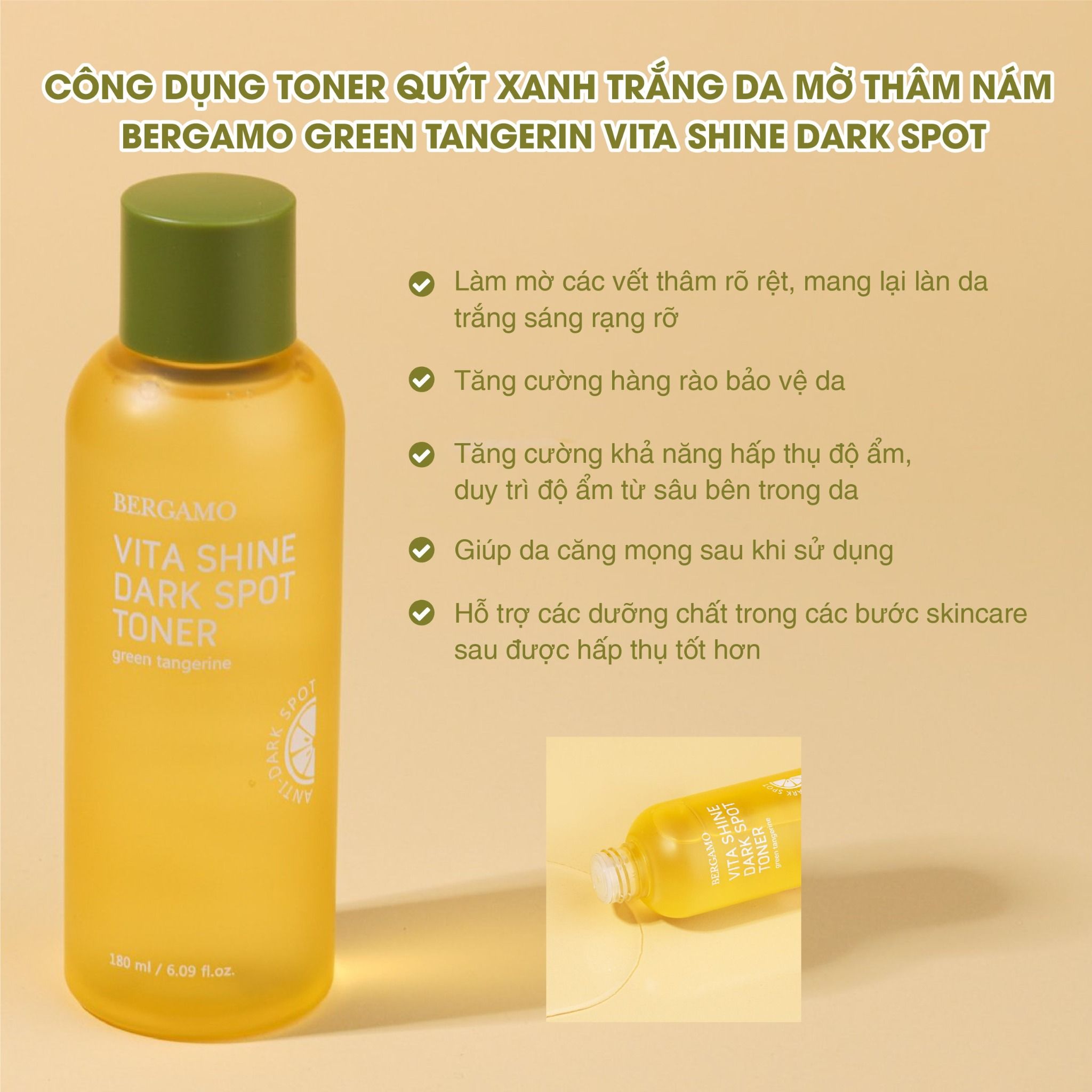 TONER QUÝT XANH SÁNG DA MỜ THÂM NÁM BERGAMO GREEN TANGERINE VITA SHINE DARK SPOT TONER 180ML