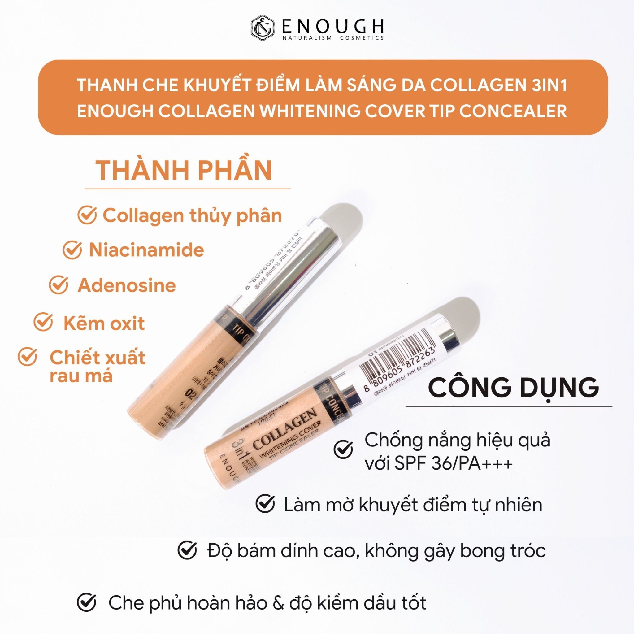 THANH CHE KHUYẾT ĐIỂM LÀM SÁNG DA COLLAGEN 3IN1 ENOUGH COLLAGEN WHITENING COVER TIP CONCEALER