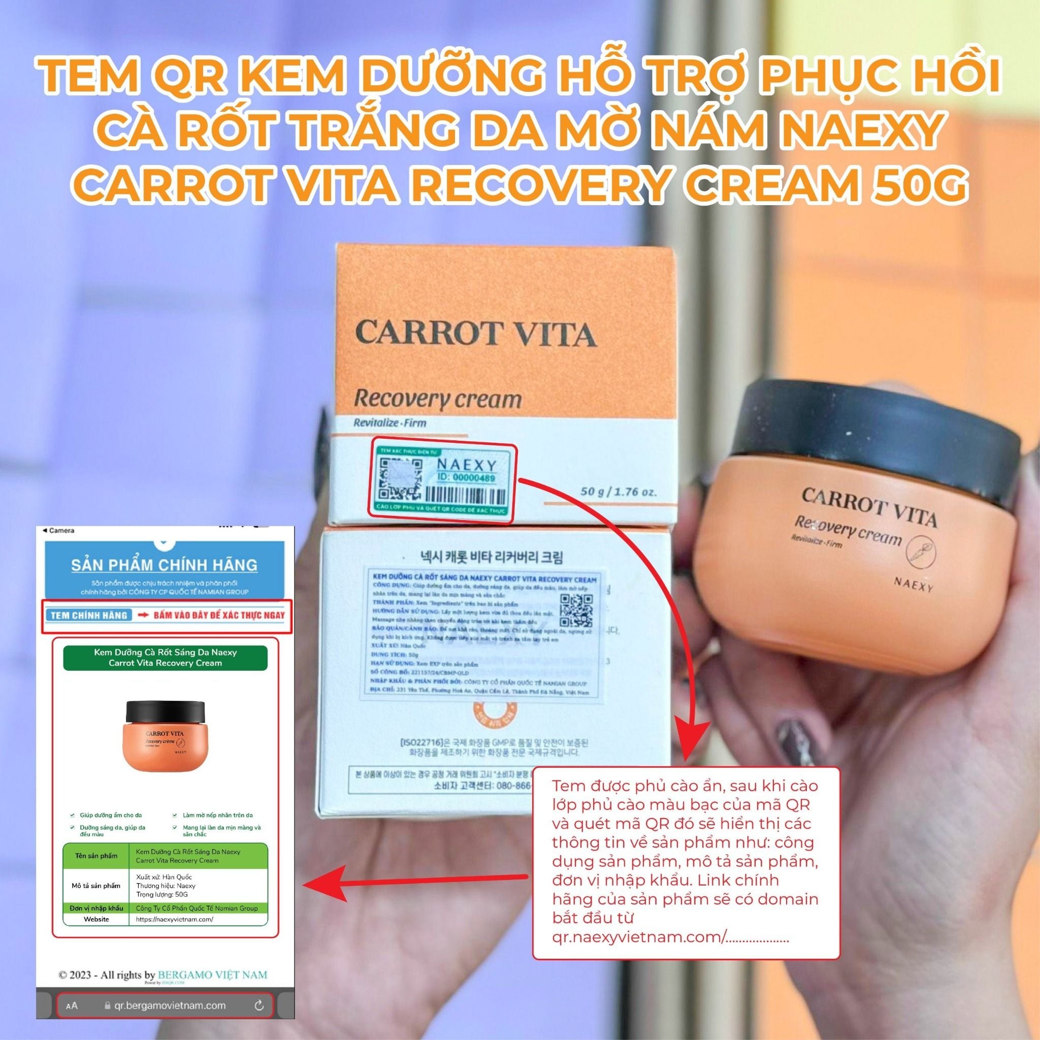 KEM DƯỠNG HỖ TRỢ PHỤC HỒI CÀ RỐT TRẮNG DA MỜ NÁM NAEXY CARROT VITA RECOVERY CREAM 50G