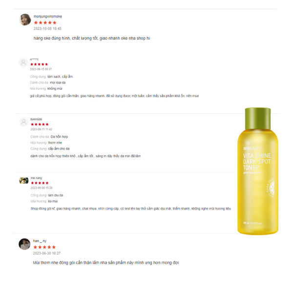 TONER QUÝT XANH SÁNG DA MỜ THÂM NÁM BERGAMO GREEN TANGERINE VITA SHINE DARK SPOT TONER 180ML