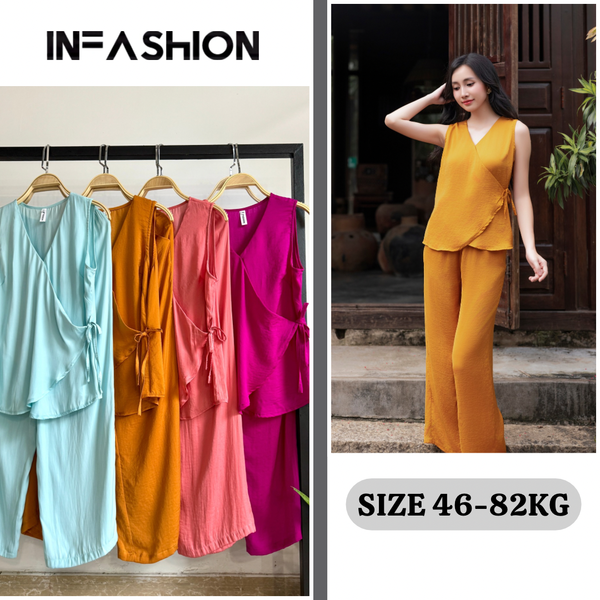  Bộ lụa cổ V cột nơ eo 