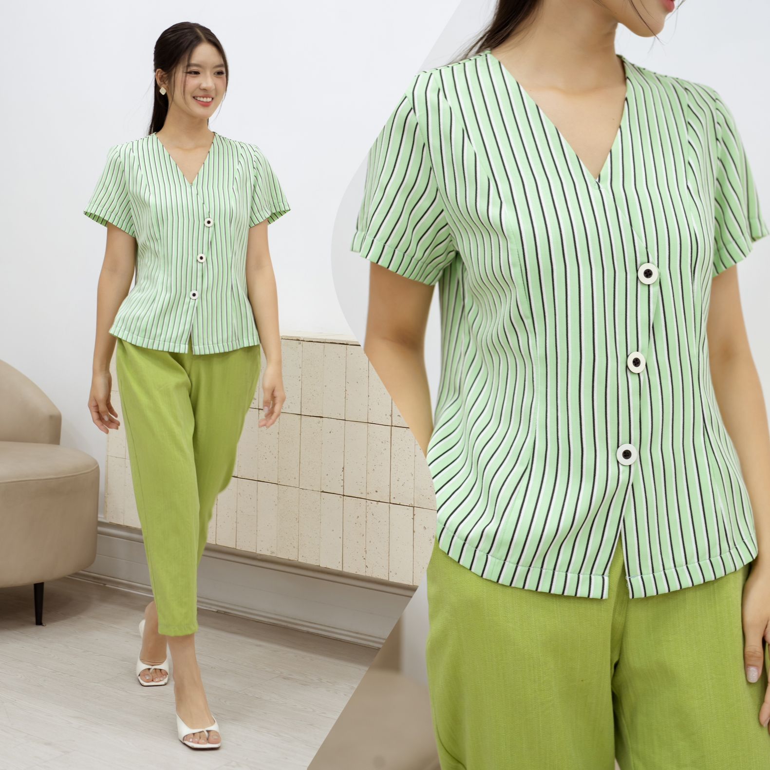  Bộ quần dài áo sọc phối màu có tay 