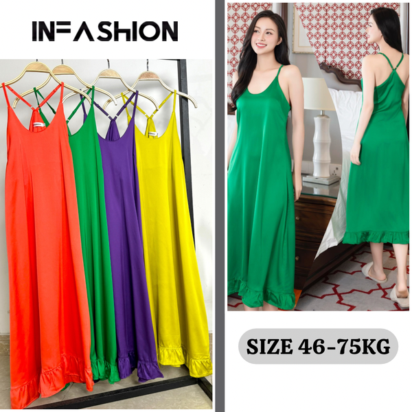  Đầm satin neon yếm dài 