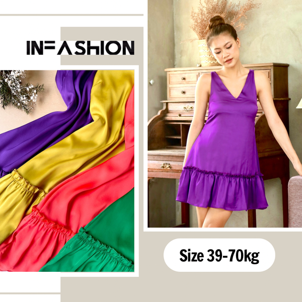  Đầm lụa cổ V đuôi cá mặc nhà màu neon 