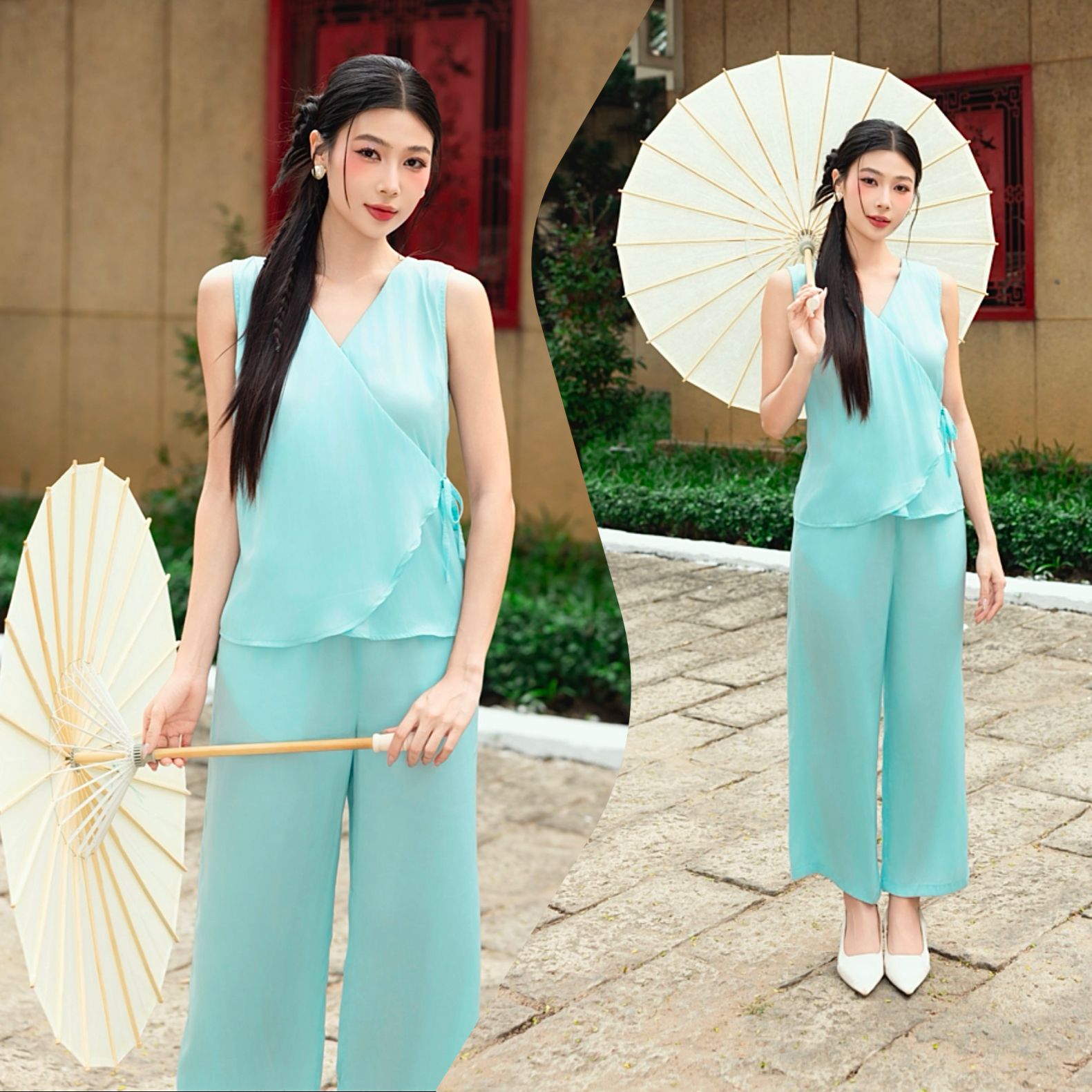  Bộ lụa cổ V cột nơ eo 