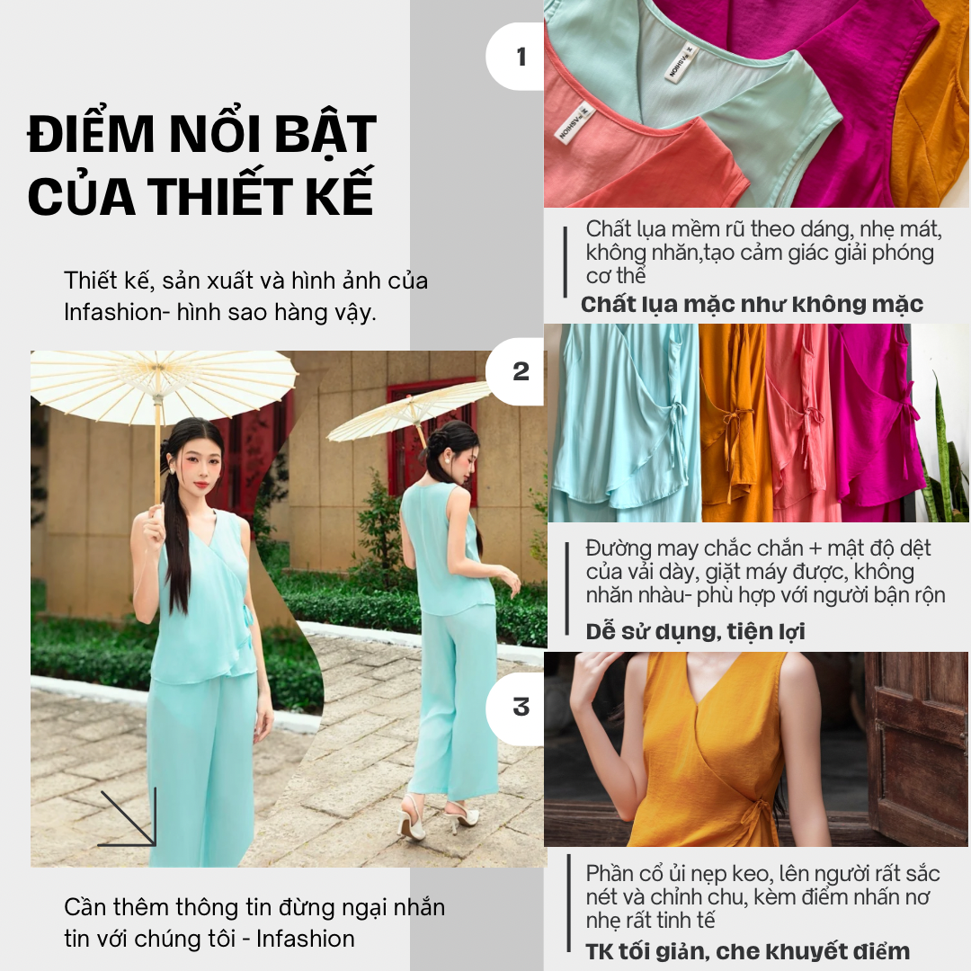  Bộ lụa cổ V cột nơ eo 