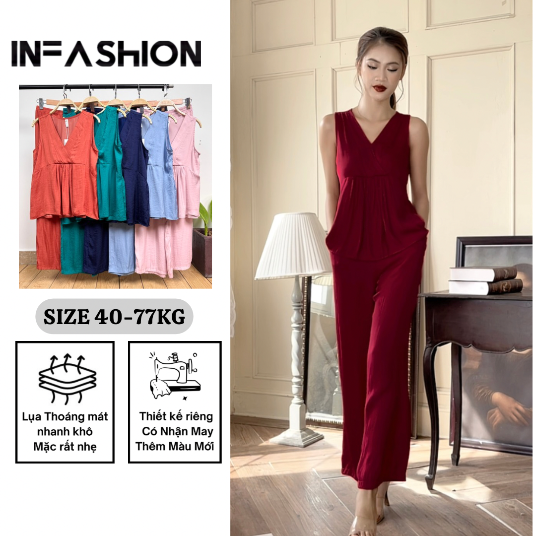  Đồ bộ dài cổ V nhún ống rộng 