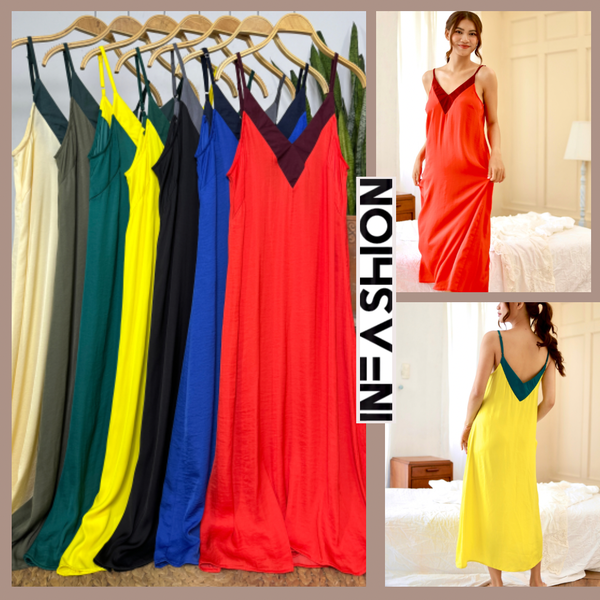 Đầm lụa 2 dây dài cổ V phối màu Infashion 