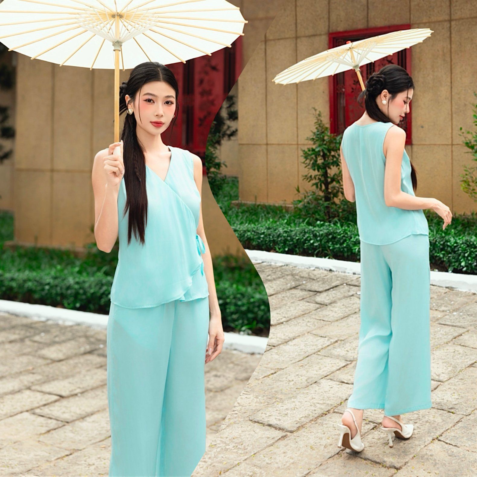  Bộ lụa cổ V cột nơ eo 