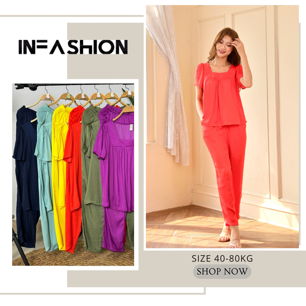  Bộ lụa quần dài cổ vuông xếp nhún có tay 