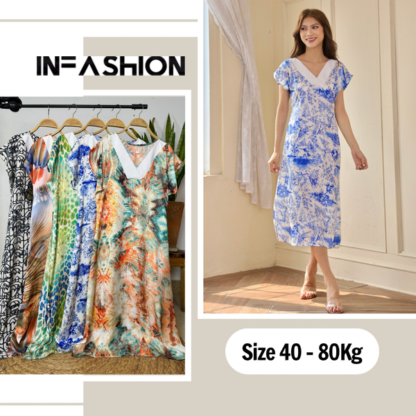  Đầm lụa nữ tay liền cổ phối V cột eo họa tiết 