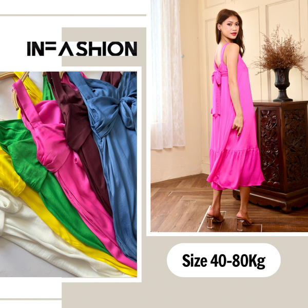  Đầm midi lụa đuôi cá dáng suông nơ lưng cách điệu Infashion 