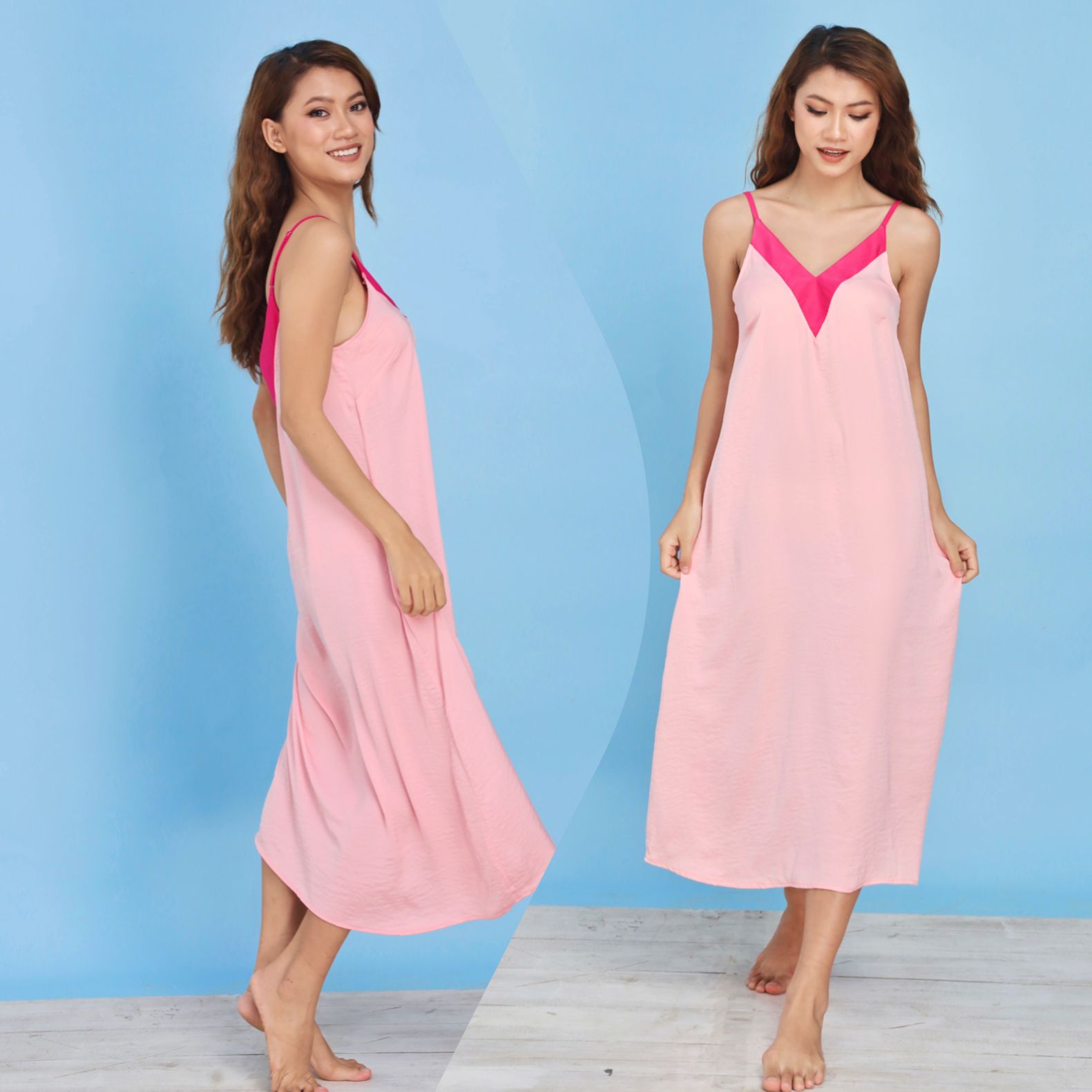  Đầm lụa 2 dây dài cổ V phối màu Infashion 
