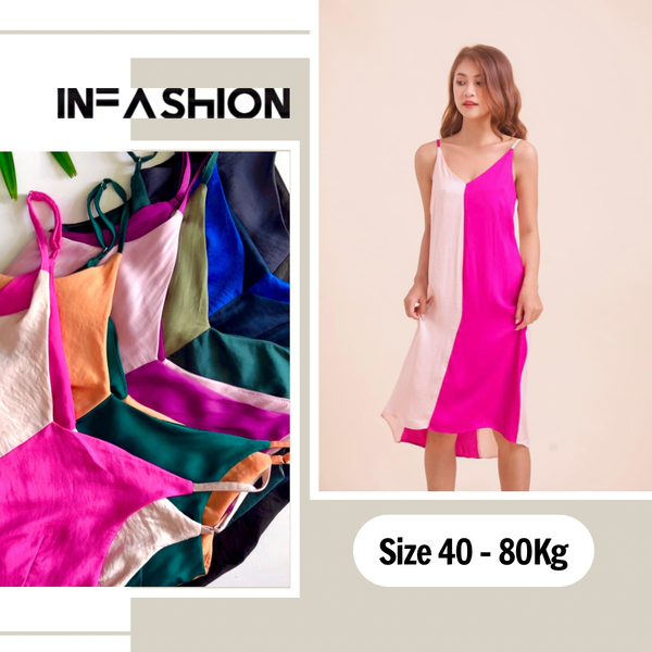  Đầm lụa 2 dây phối màu Infashion 