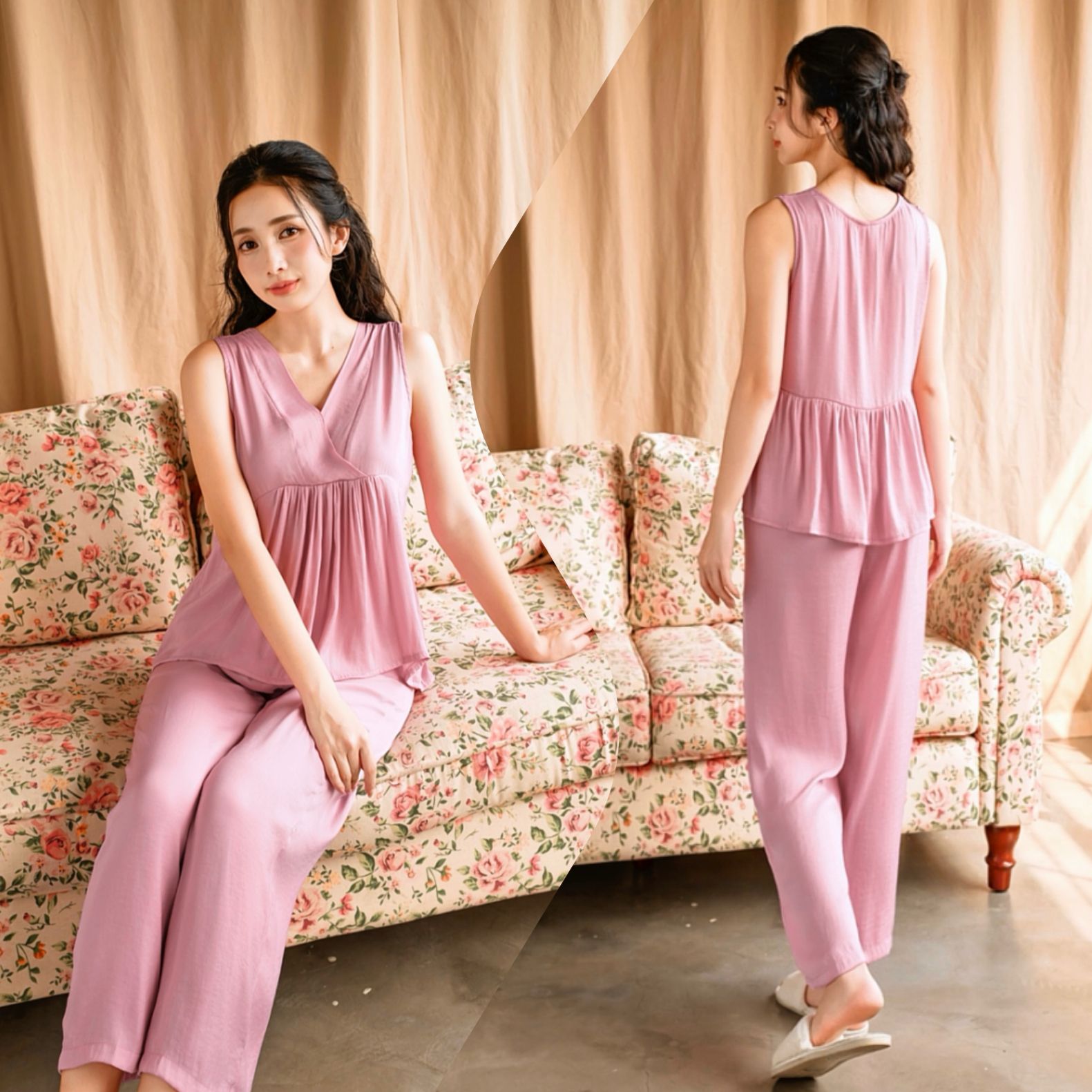  Đồ bộ dài cổ V nhún ống rộng 