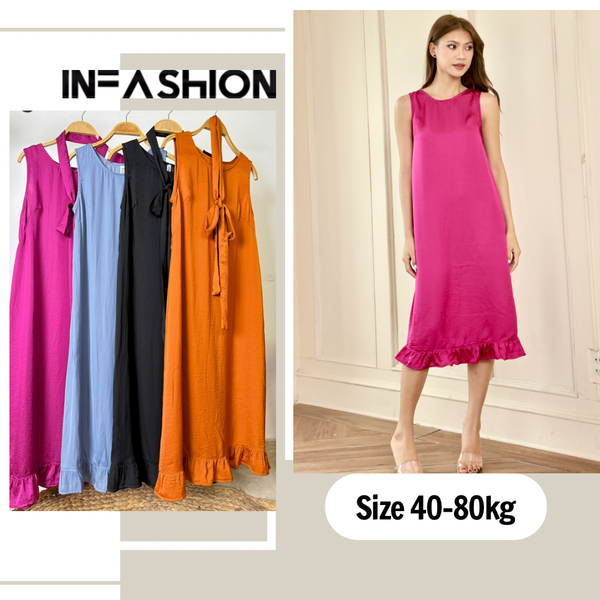  Đầm lụa dáng suông bèo chân kèm dây buộc eo 