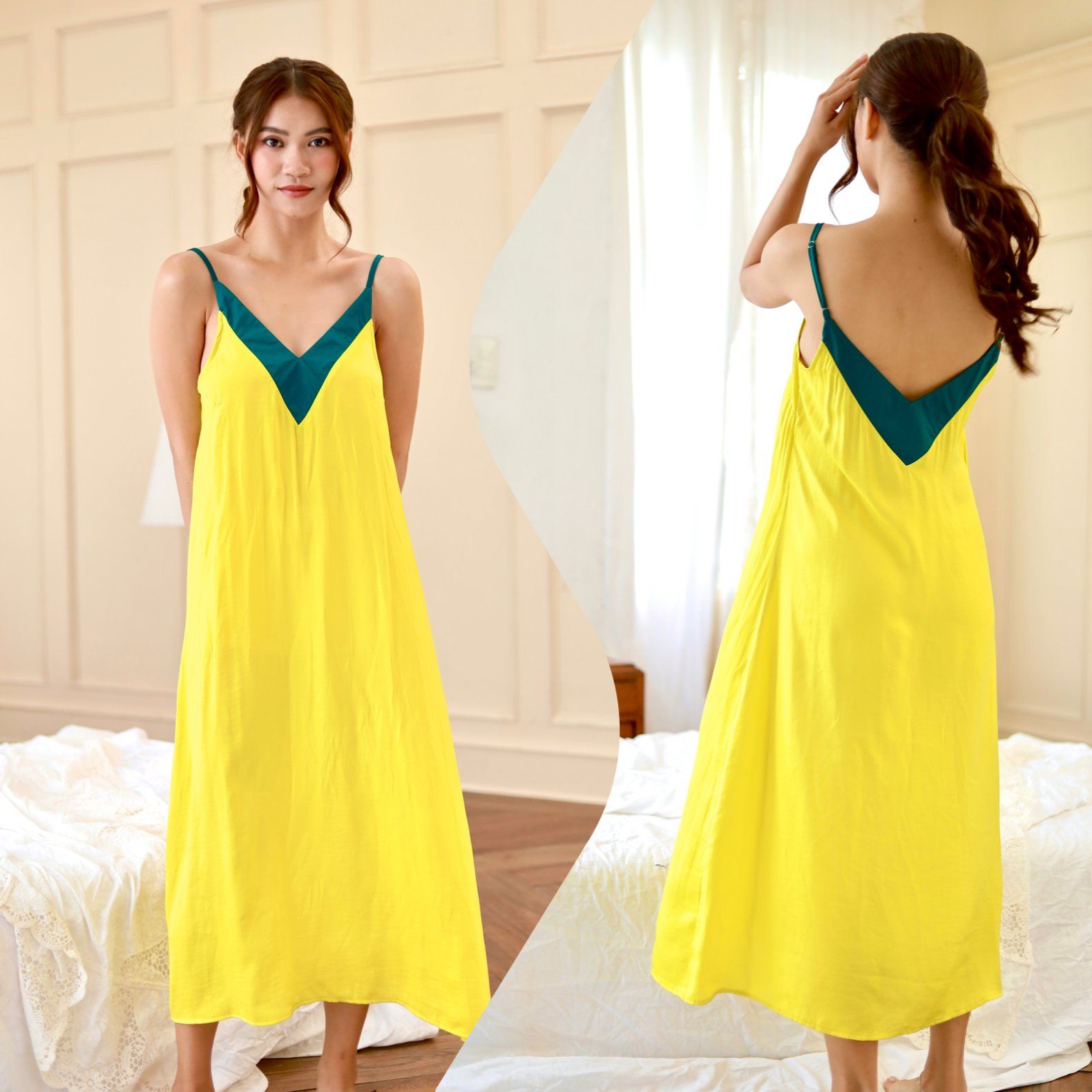  Đầm lụa 2 dây dài cổ V phối màu Infashion 