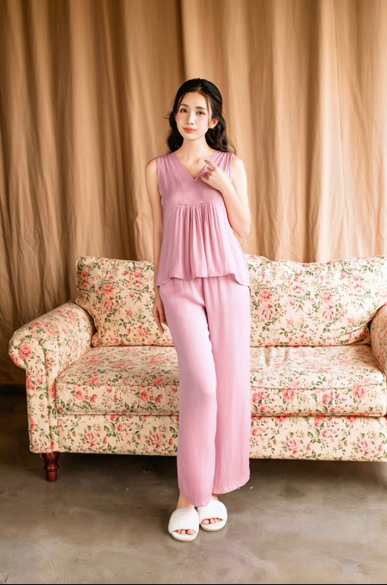  Đồ bộ dài cổ V nhún ống rộng 