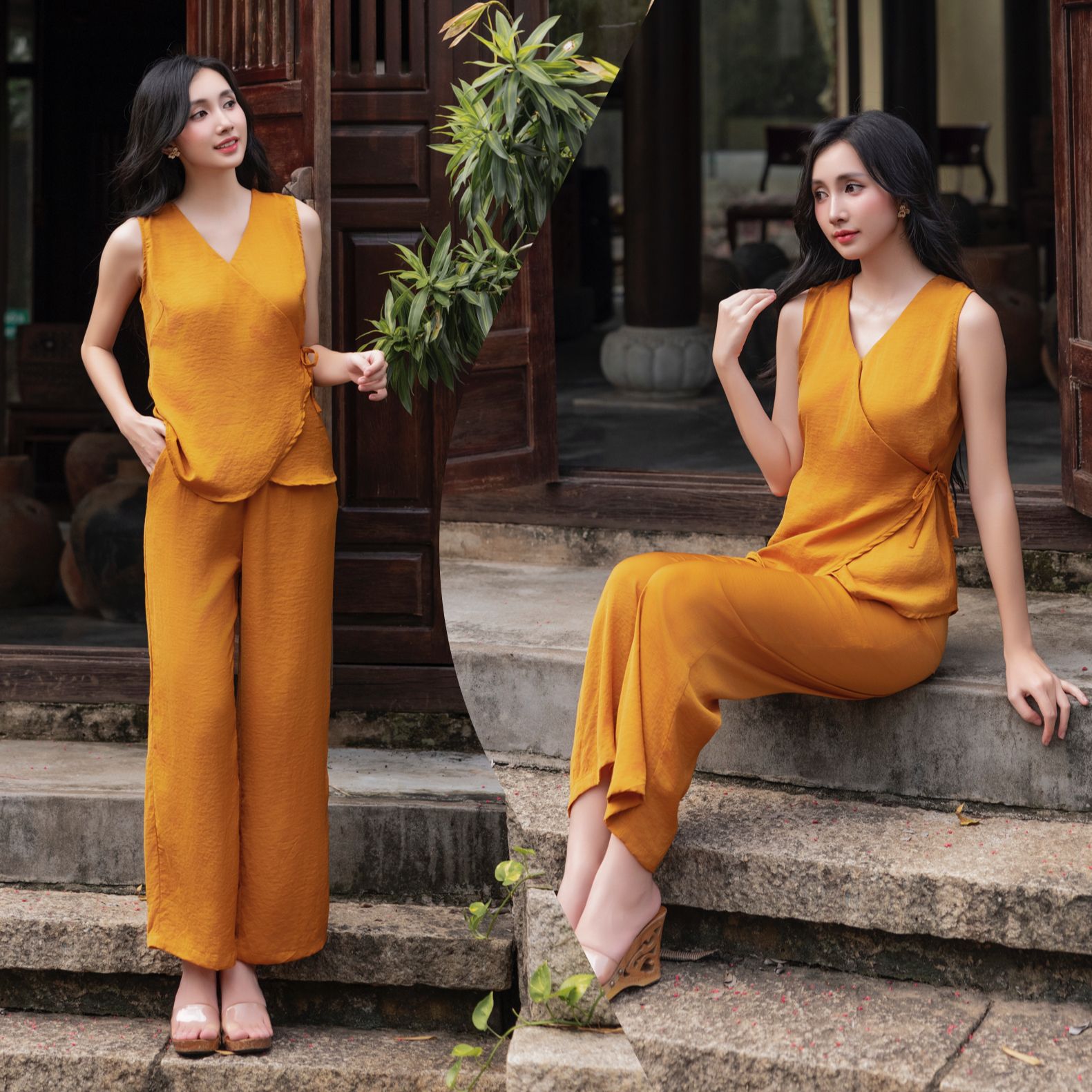  Bộ lụa cổ V cột nơ eo 