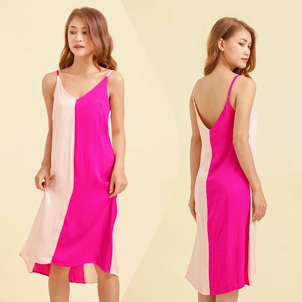  Đầm lụa 2 dây phối màu Infashion 