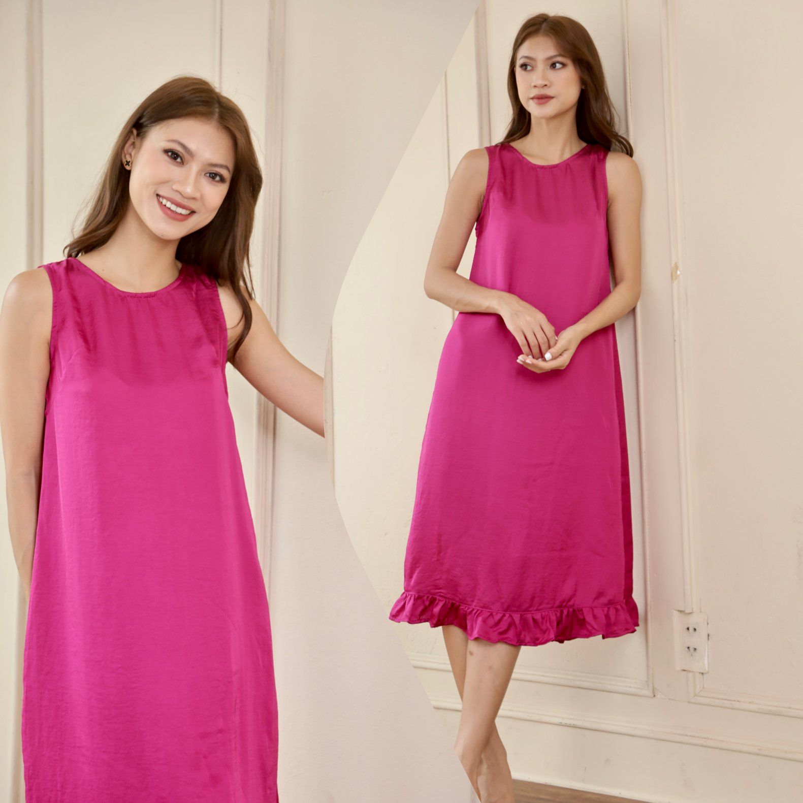  Đầm lụa dáng suông bèo chân kèm dây buộc eo 