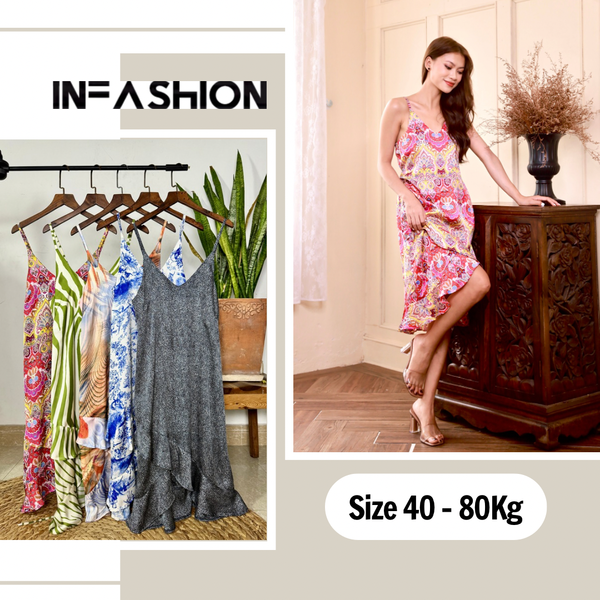  Đầm lụa 2 dây bèo đuôi cá hoa văn 