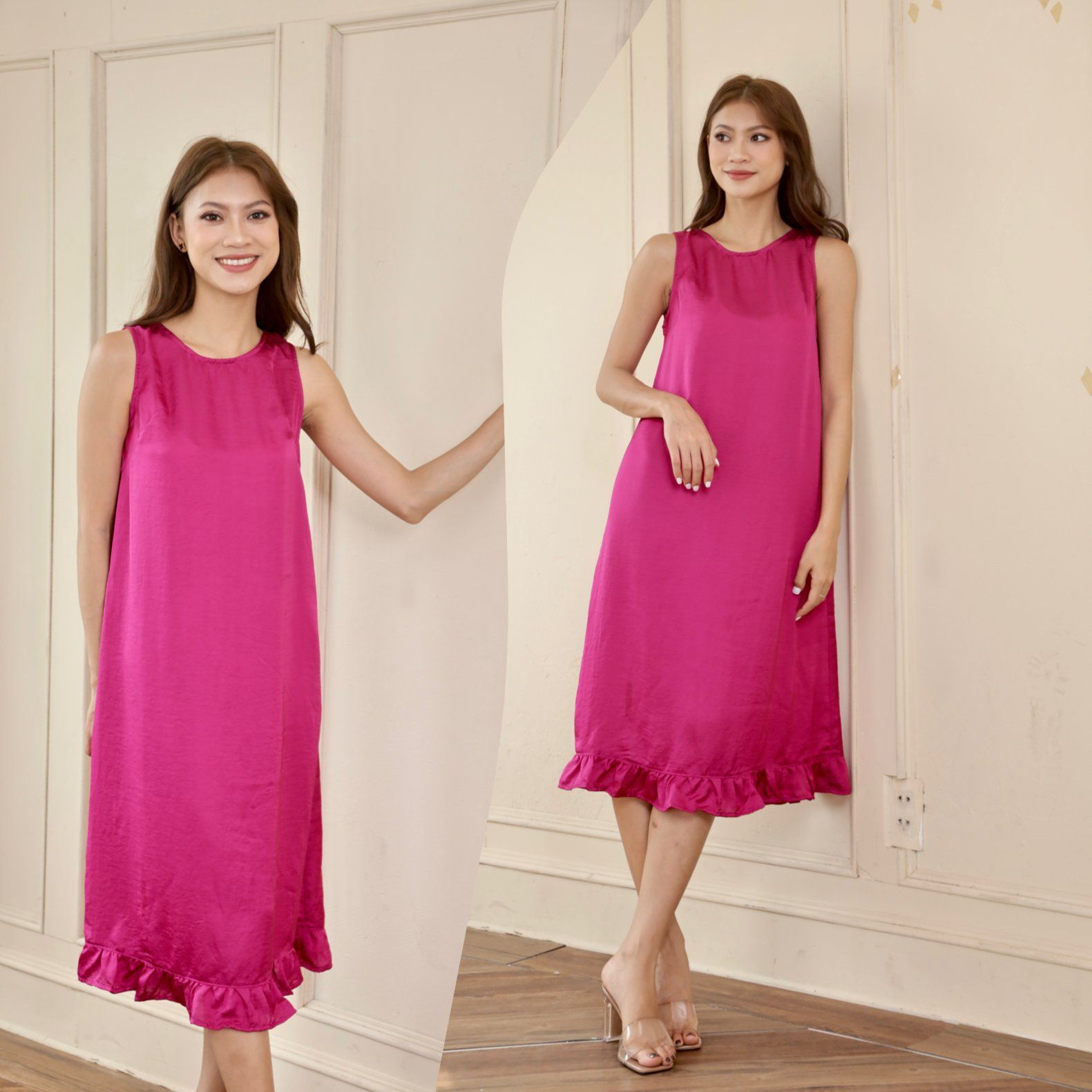  Đầm lụa dáng suông bèo chân kèm dây buộc eo 