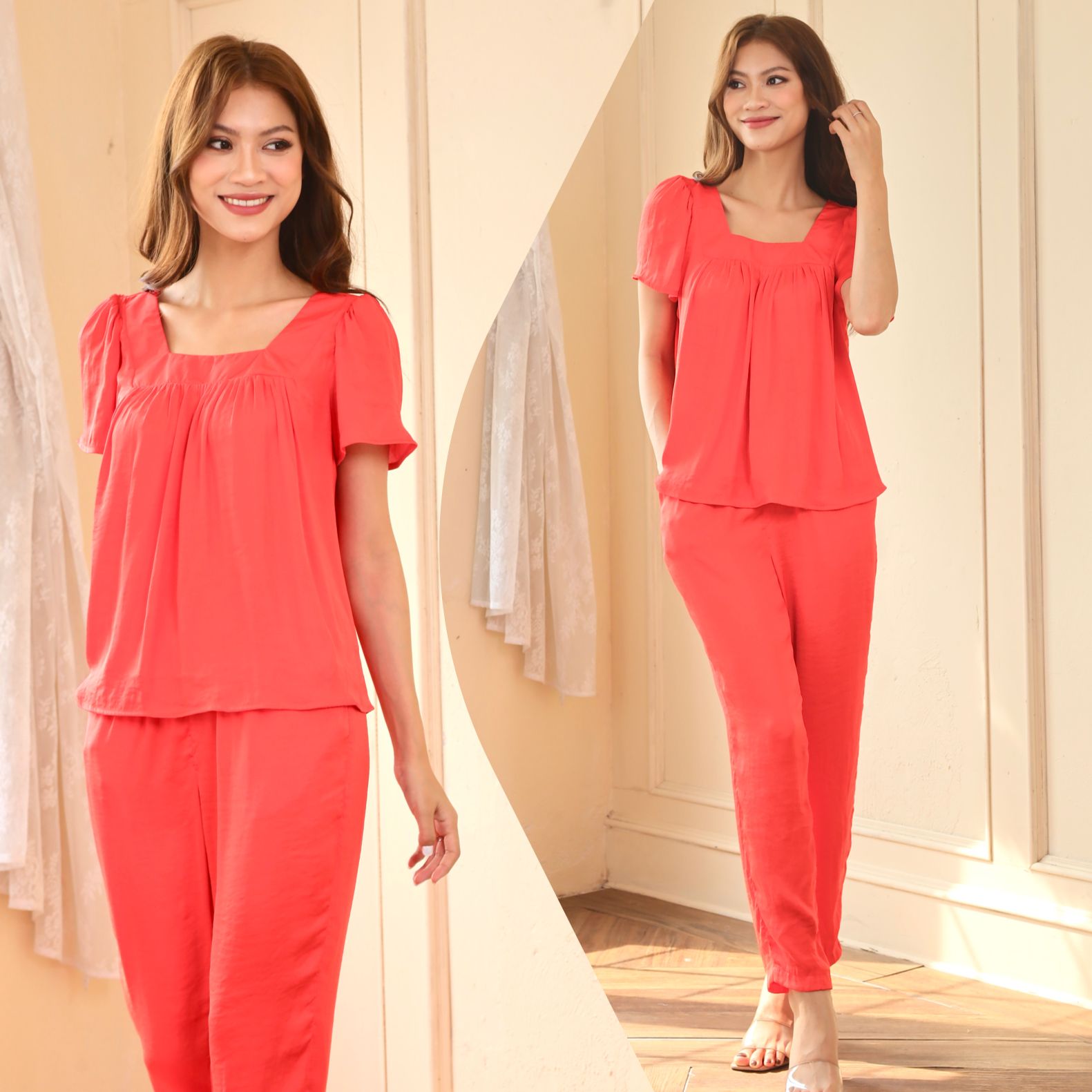  Bộ lụa quần dài cổ vuông xếp nhún có tay 