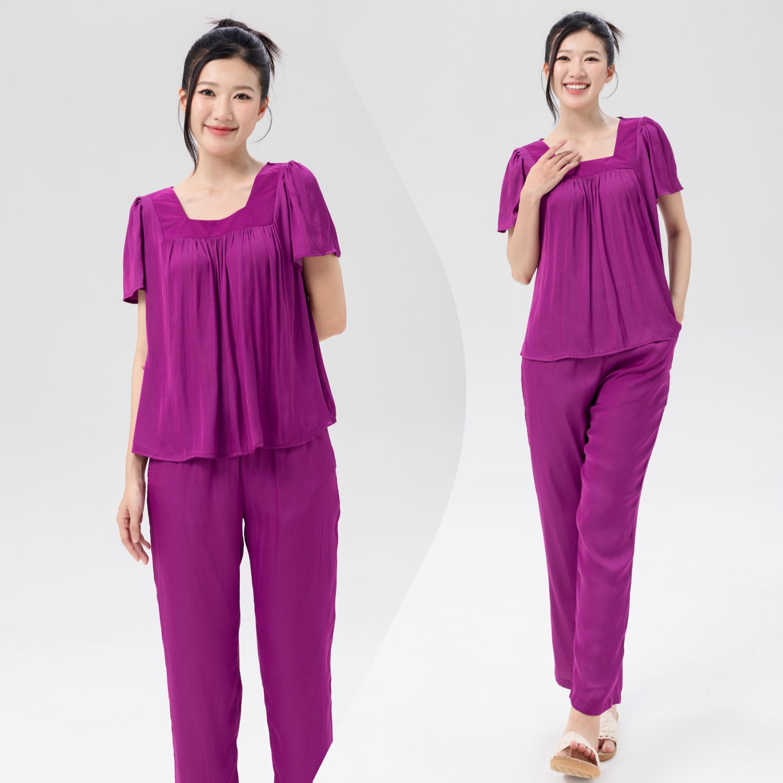  Bộ lụa quần dài cổ vuông xếp nhún có tay 