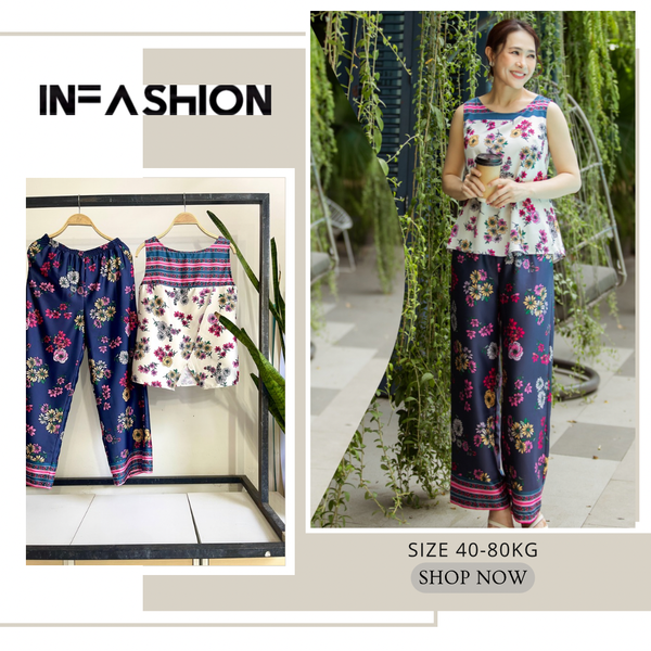  Đồ bộ lụa hoa quần dài cổ tròn không tay 