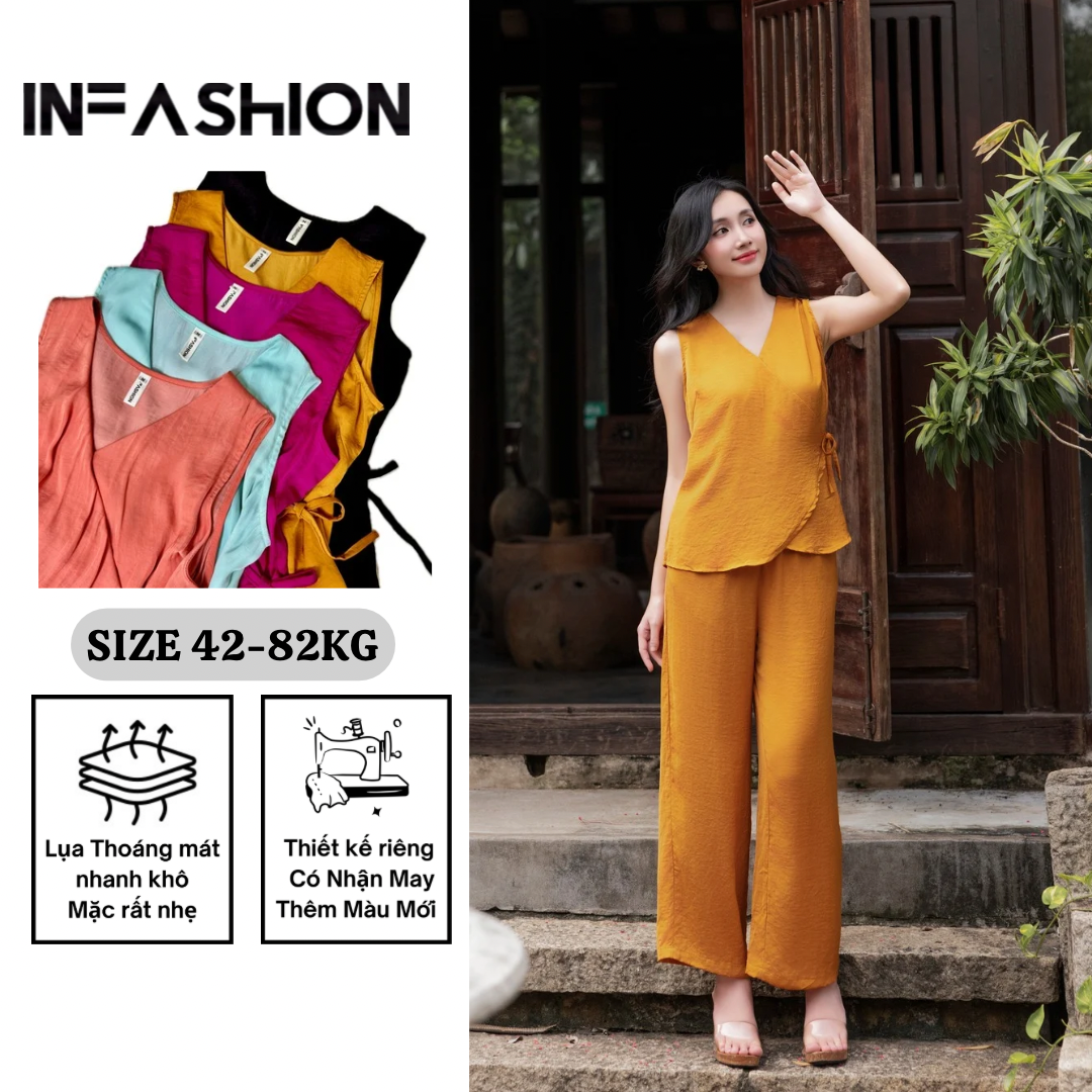  Bộ lụa cổ V cột nơ eo 
