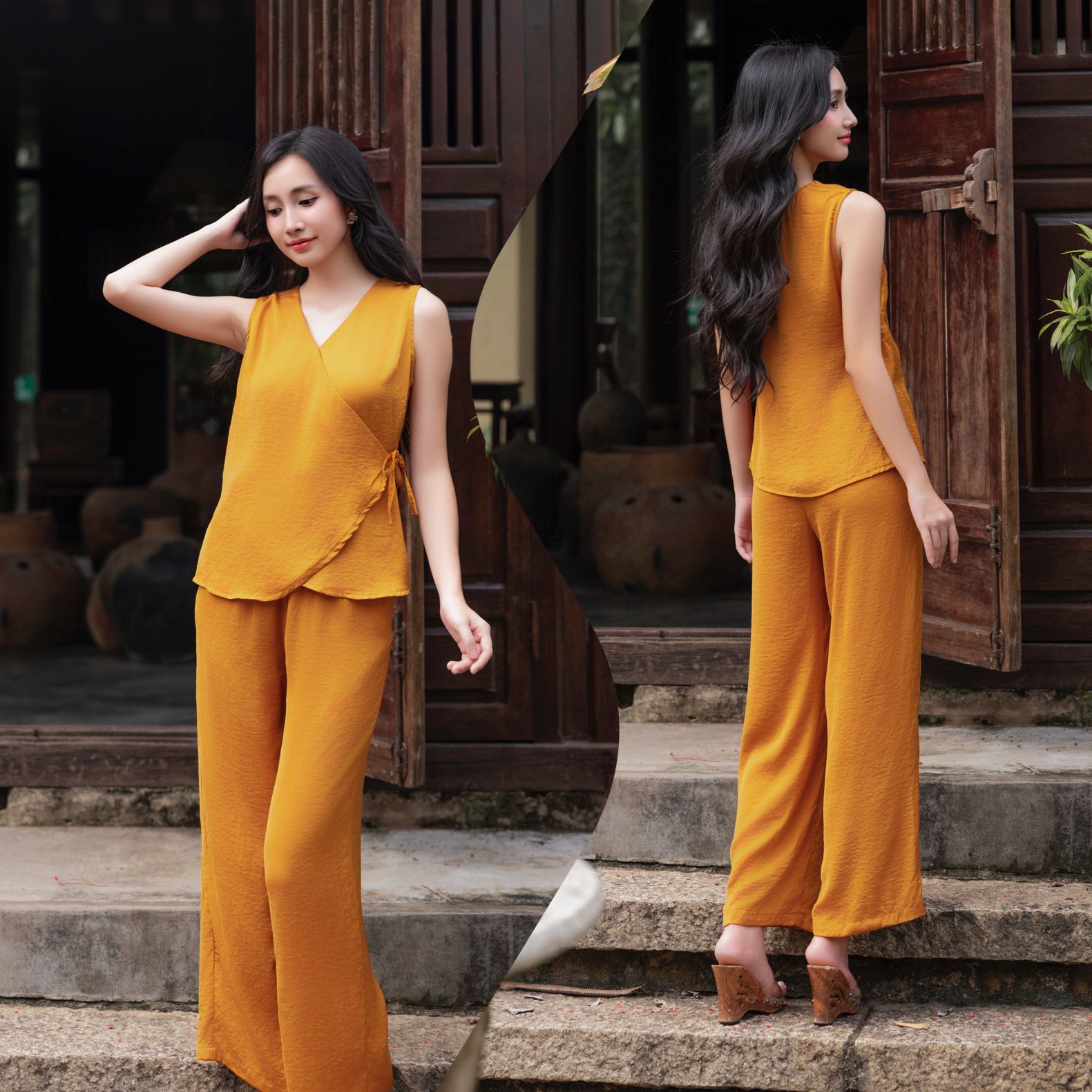  Bộ lụa cổ V cột nơ eo 