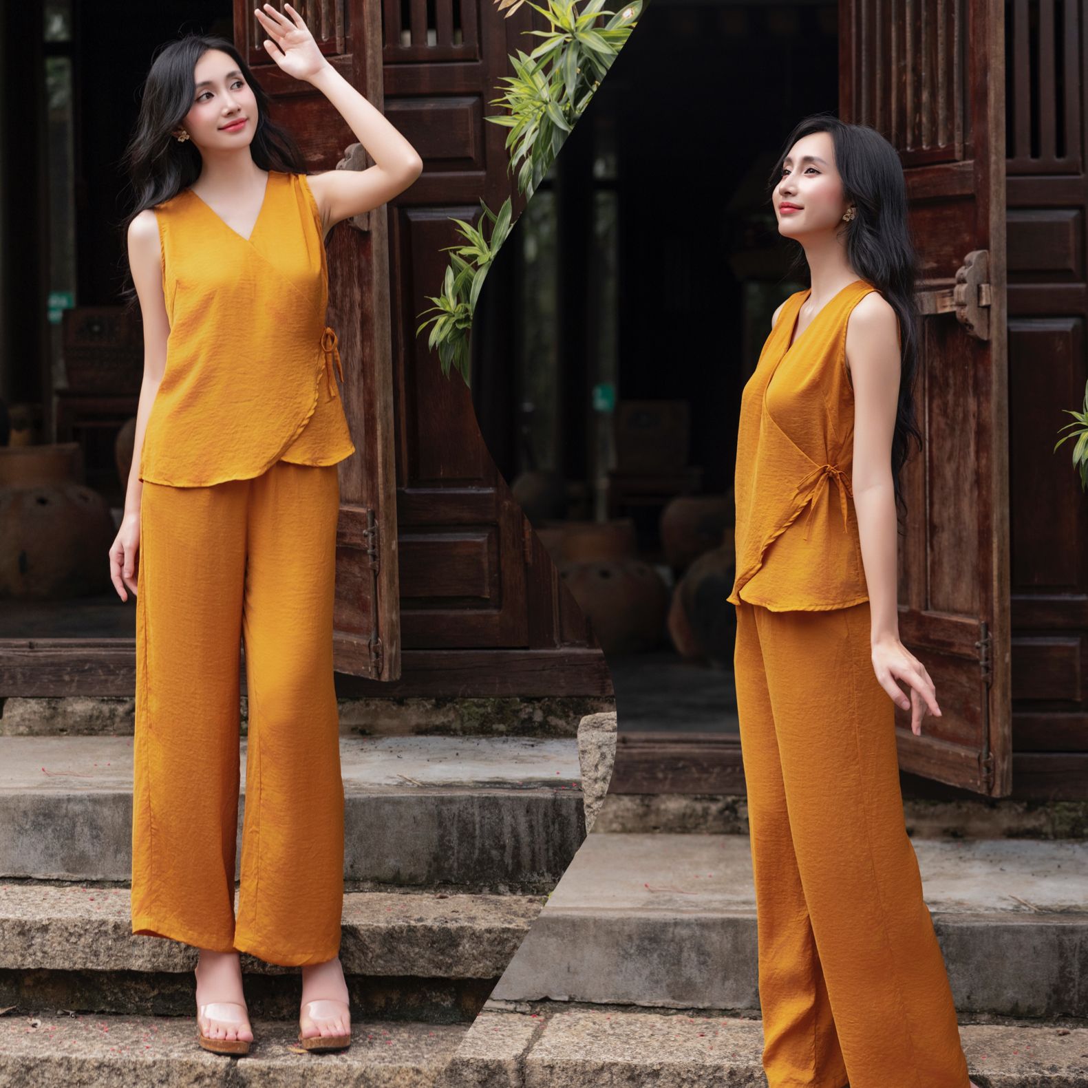  Bộ lụa cổ V cột nơ eo 