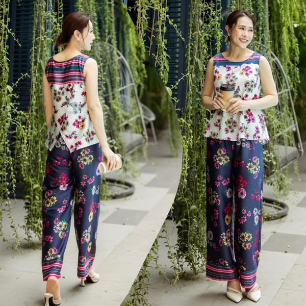  Đồ bộ lụa hoa quần dài cổ tròn không tay 