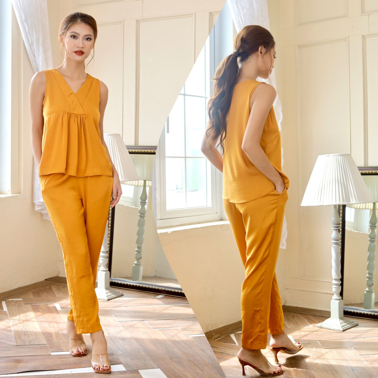  Đồ bộ dài lụa quần baggy 9 tấc áo cổ V nhún 