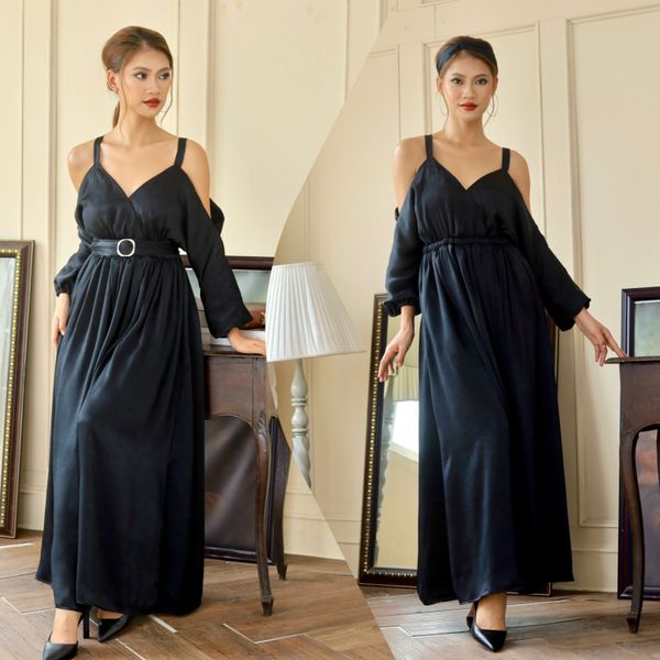  Đầm maxi tay liền trơn có kèm bút nịt và khăn turban 