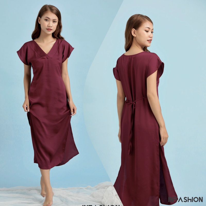  Đầm lụa suông tay liền cổ V cột eo 