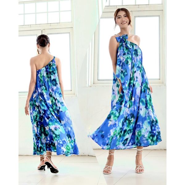  Đầm maxi lụa lệch vai hoa văn Infashion 