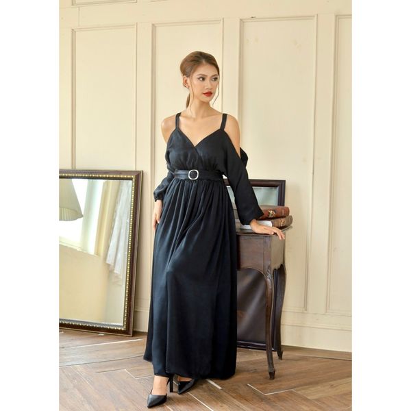  Đầm maxi tay liền trơn có kèm bút nịt và khăn turban 