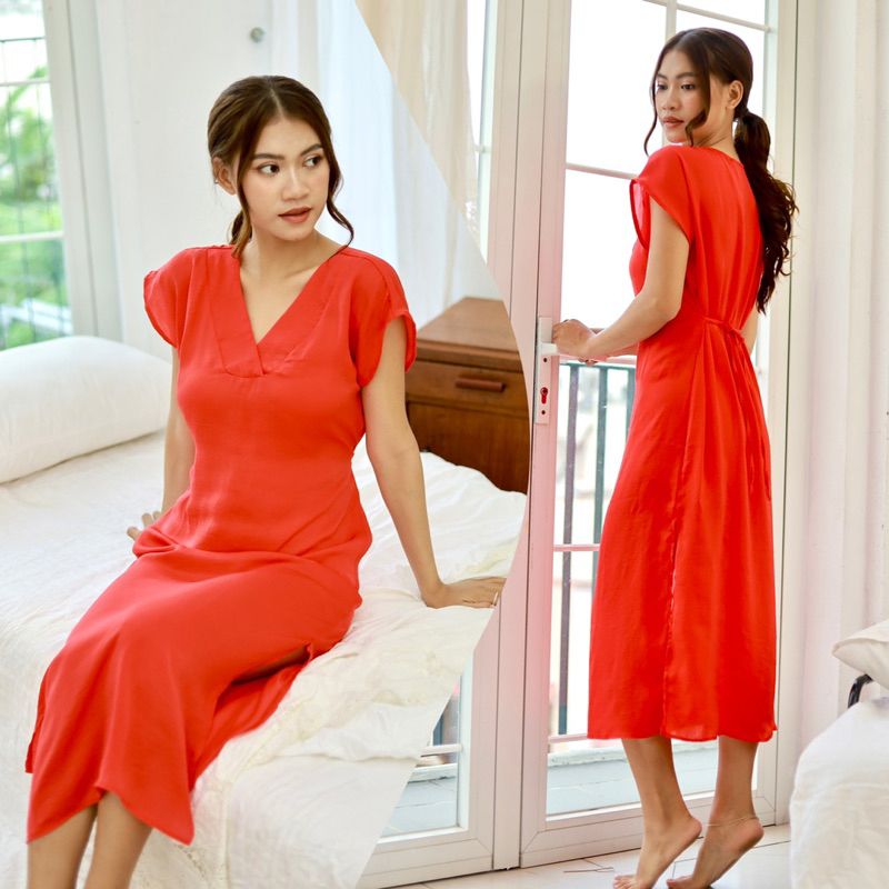  Đầm lụa suông tay liền cổ V cột eo 