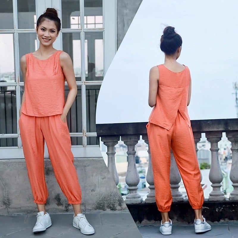  Set quần dài ông bo thun vạt xéo Infashion 