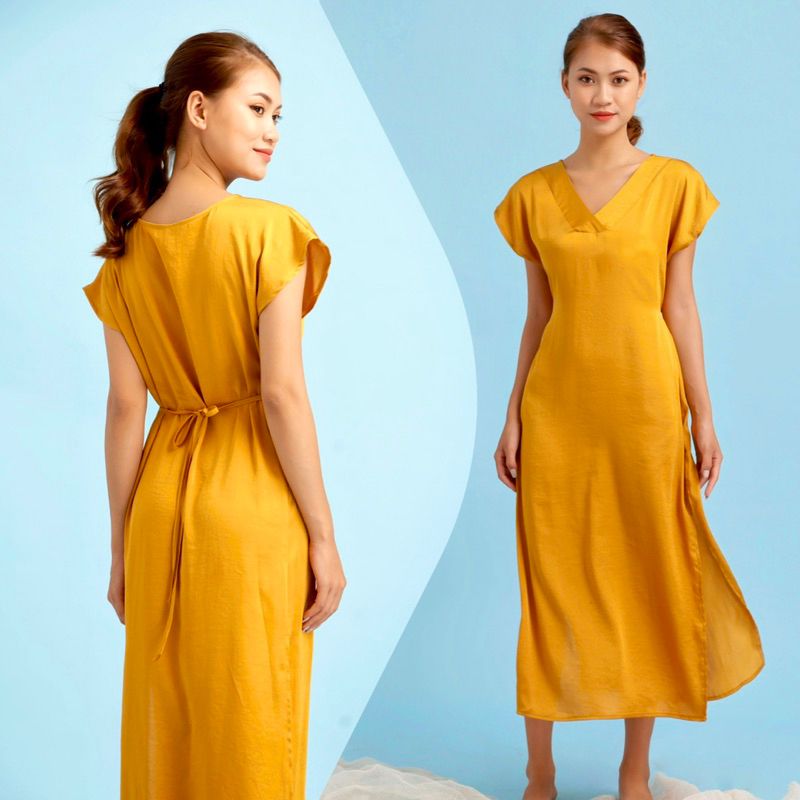  Đầm lụa suông tay liền cổ V cột eo 