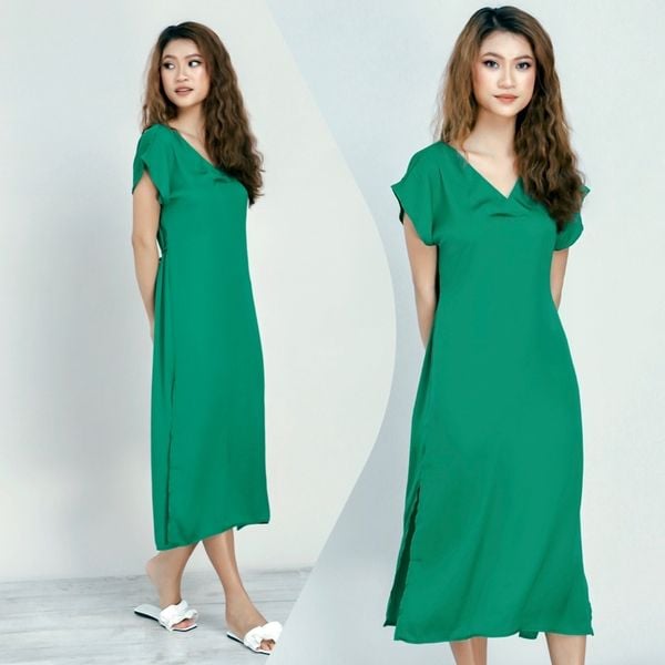  Đầm lụa suông tay liền cổ V cột eo 