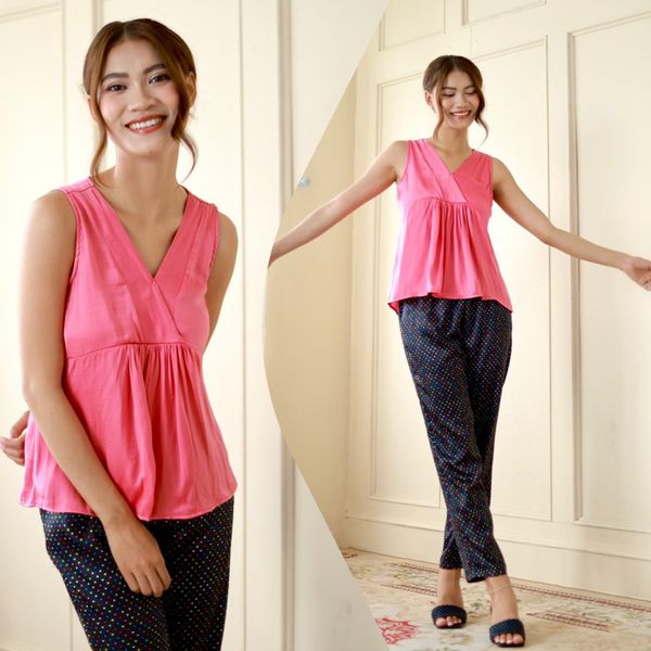  Đồ bộ quần dài mặc nhà cổ V phối màu không tay Infashion 