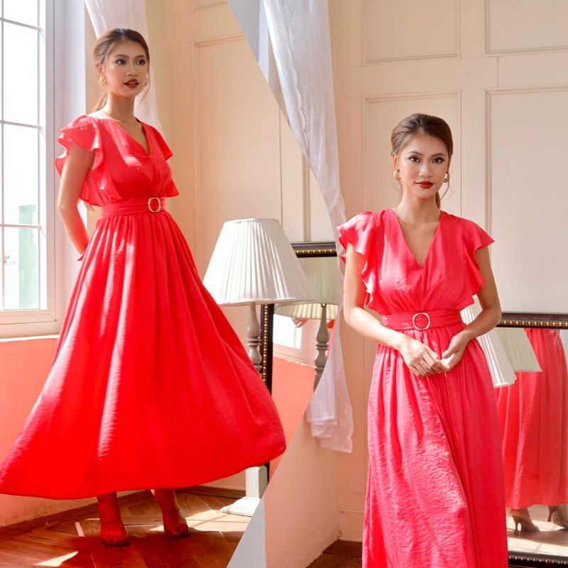  Đầm maxi lụa 2 lớp tay tiên kèm khăn turban 