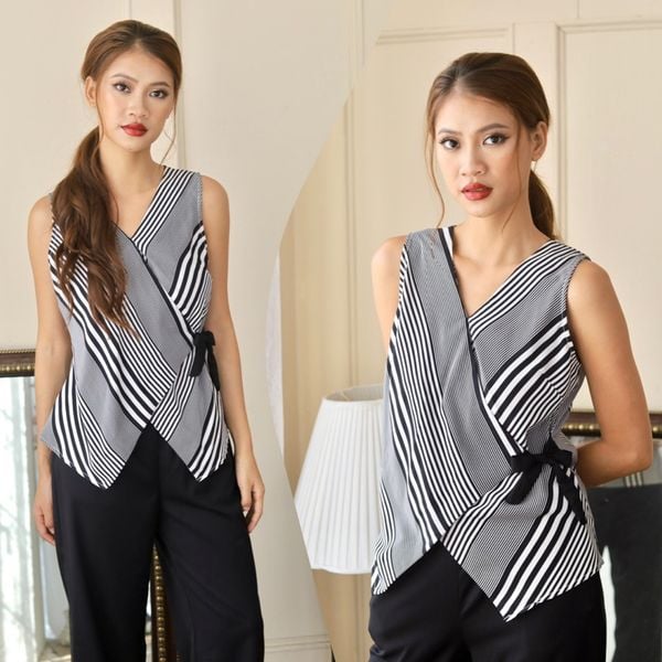  Áo lụa kiểu sọc nhấn nơ Infashion (Set áo hv) 