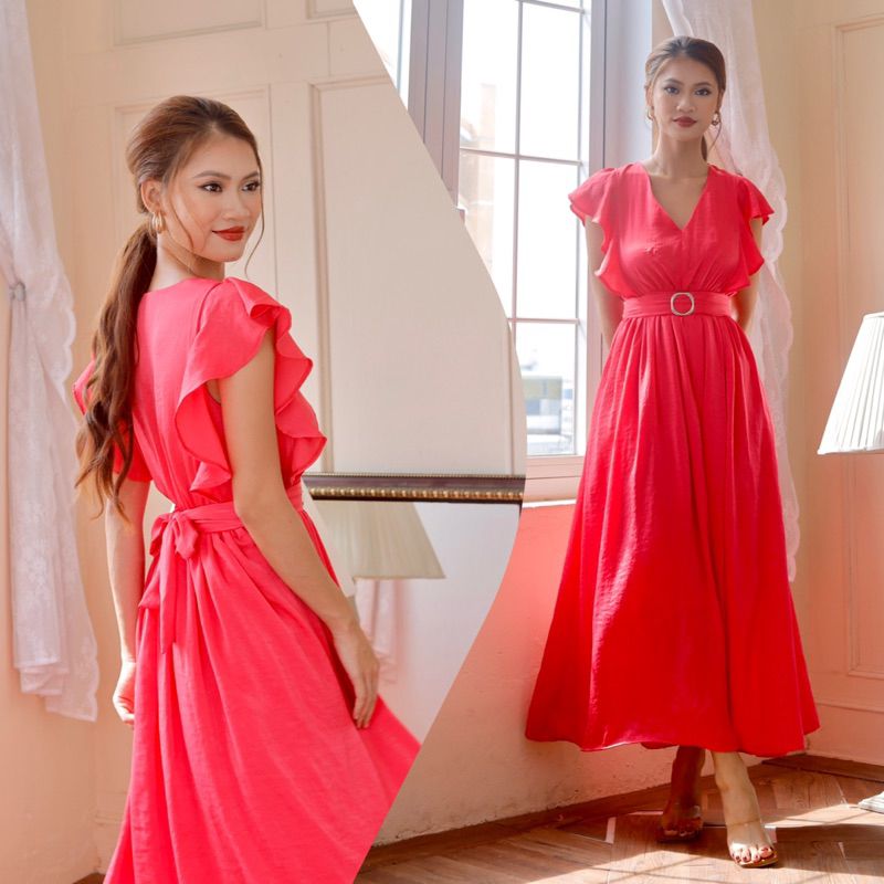  Đầm maxi lụa 2 lớp tay tiên kèm khăn turban 