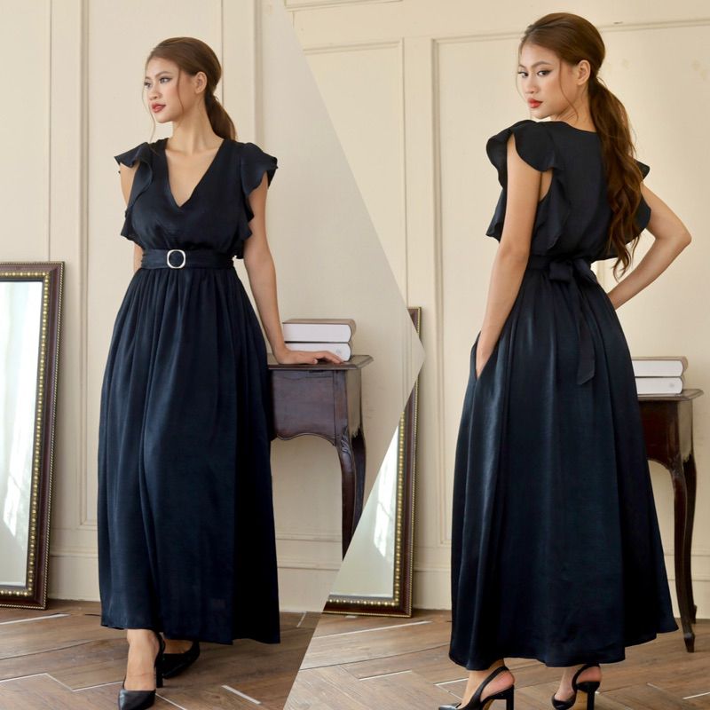  Đầm maxi lụa 2 lớp tay tiên kèm khăn turban 