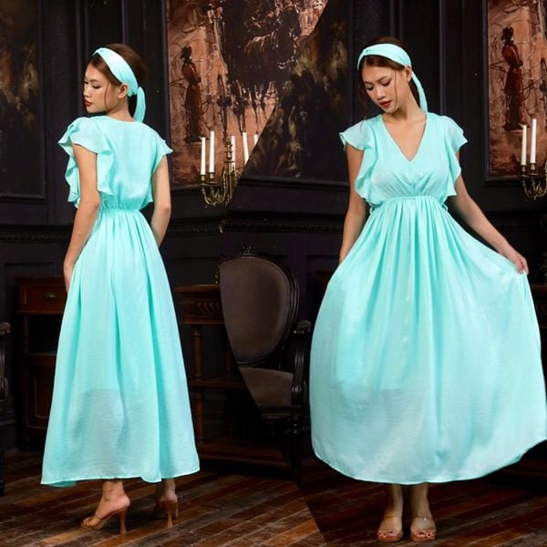  Đầm maxi lụa 2 lớp tay tiên kèm khăn turban 